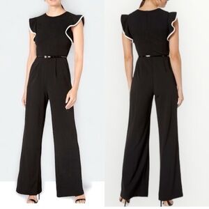Calvin Klein black with white trim ruffle sleeve wide leg jumpsuit